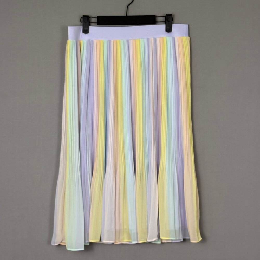 Torrid Pastel Pleated Midi Skirt Rainbow Stripe Chiffon Overlay Size 00 XS Plus - Picture 2 of 8